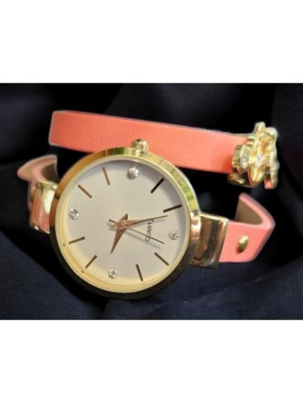 Coral Wrap Faux Leather Goldtone Round Face Ladies Quartz Watch with Charms